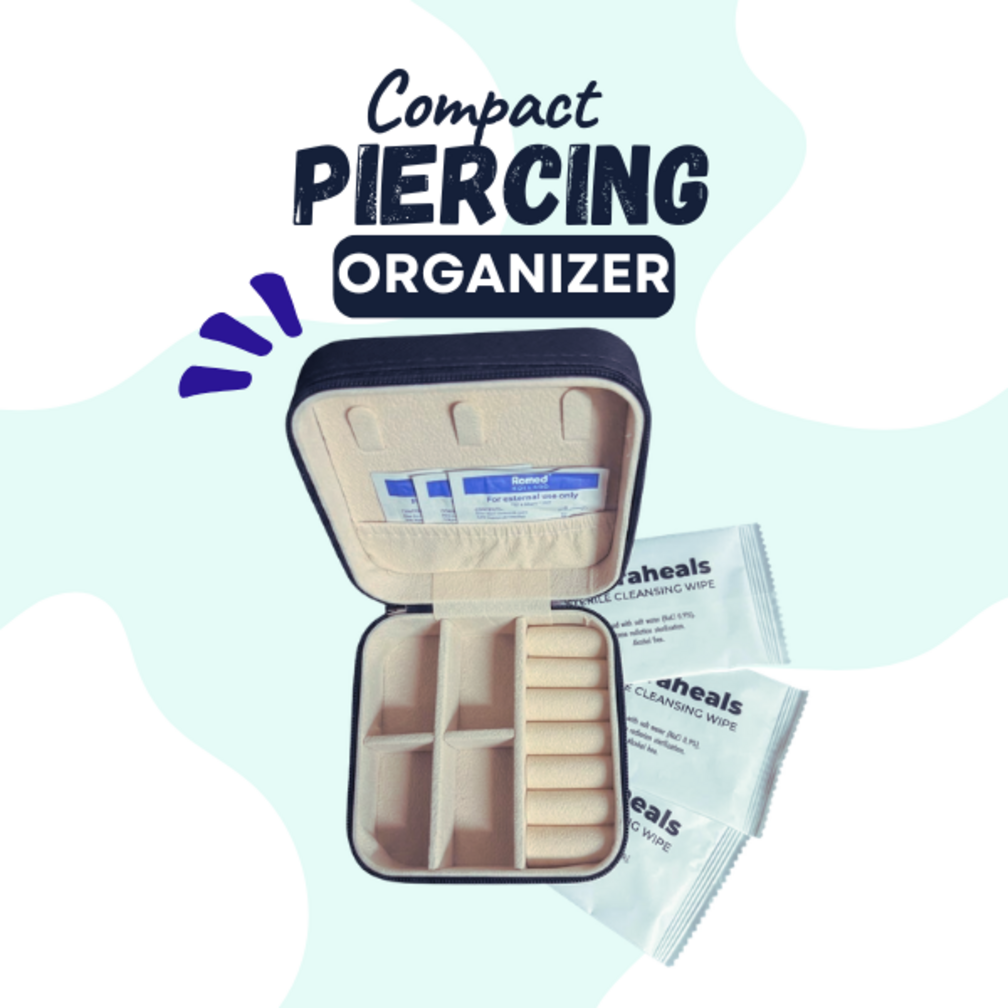 Compacte Piercing Organizer / Sieradendoosje (9 x 9 cm) + Reinigingsset