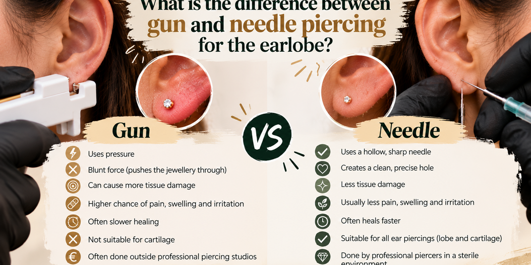 What is the difference between gun and needle piercing for the earlobe?