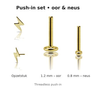 Piercings Works Titanium Push-in Set Bliksem voor Oor & Neus – Goud PVD