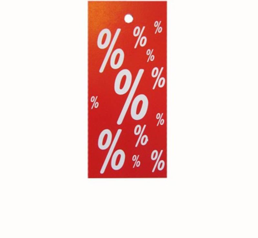 Hangetiket korting % rood/wit 28x60mm (1000)