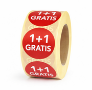 Sticker 1+1 GRATIS 32mm - rood/wit - 500/rol