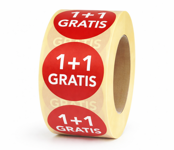 Sticker 1+1 GRATIS 32mm - rood/wit - 500/rol