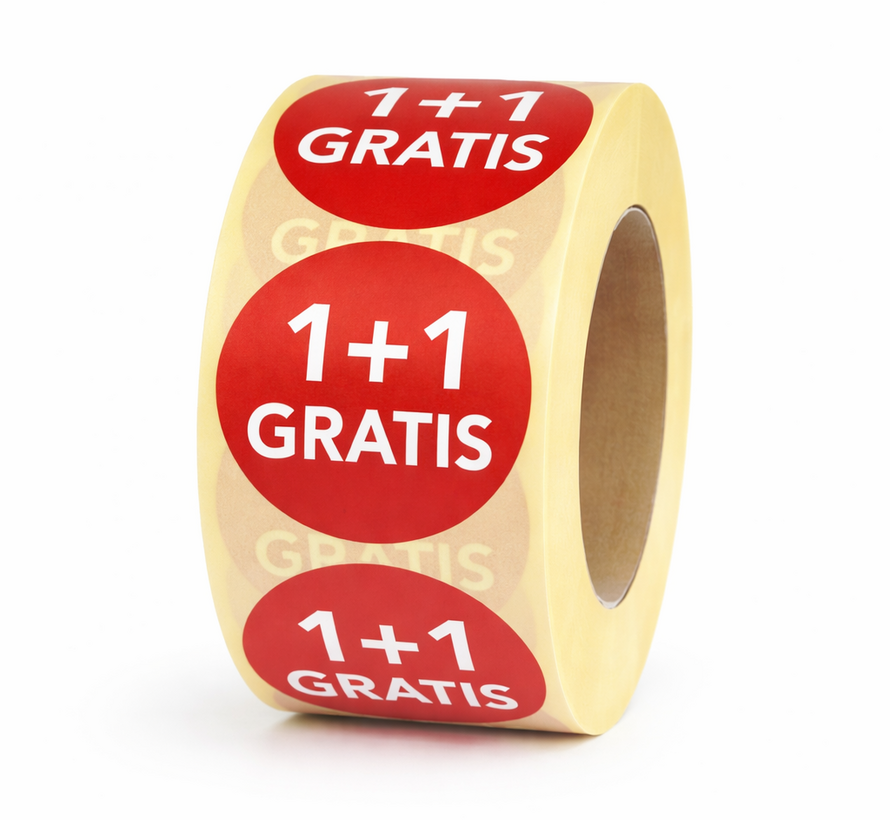 Sticker 1+1 GRATIS 32mm - rood/wit - 500/rol