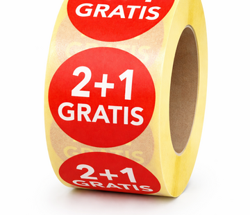 Sticker 2+1 GRATIS 32mm - rood/wit - 500/rol