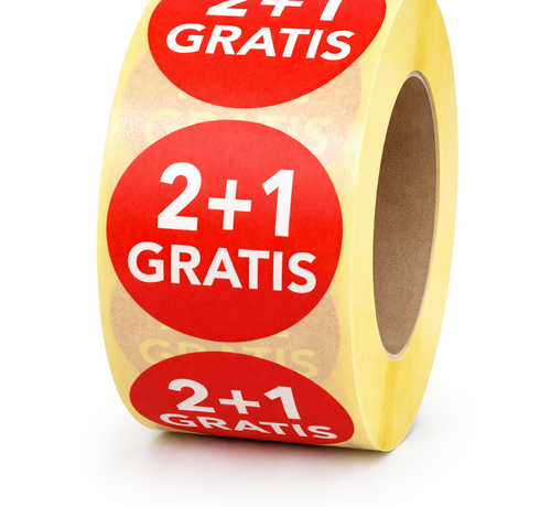 Sticker 2+1 GRATIS 32mm - rood/wit - 500/rol