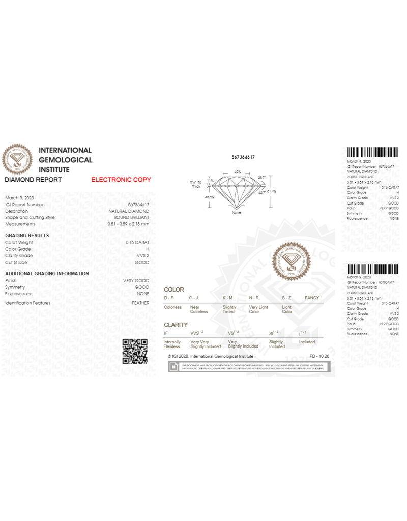 IGI Briljant - 0.16 ct. -H - VVS2