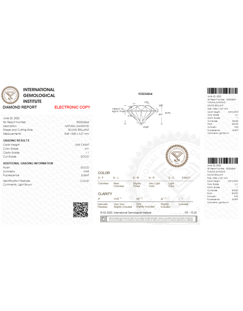 IGI Brillante - 0,69 carati - UV - I1