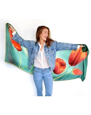 tulips Scarf dark green with red tulips