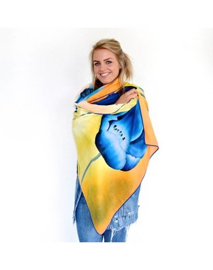 Tulpensjaal oranje met blauwe tulpen
