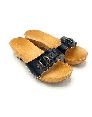 DINA Holzsandalen schwarz schmale Schnalle - Klöppel -