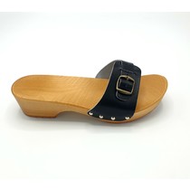 DINA  Schwarze Holzsandalen mit schmaler Schnalle – Clogs –