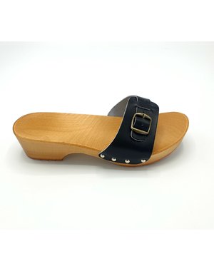 DINA Black wooden sandals with narrow buckle - clogs -