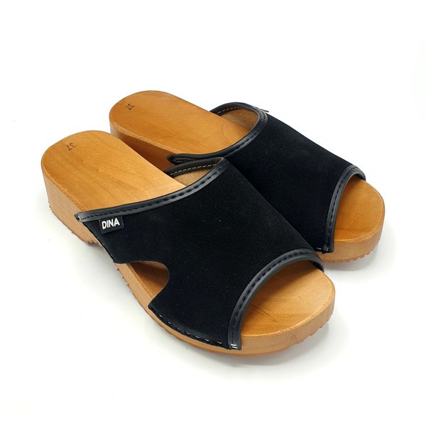 DINA Sandalen met houten zool, zwart suede leer - Dina