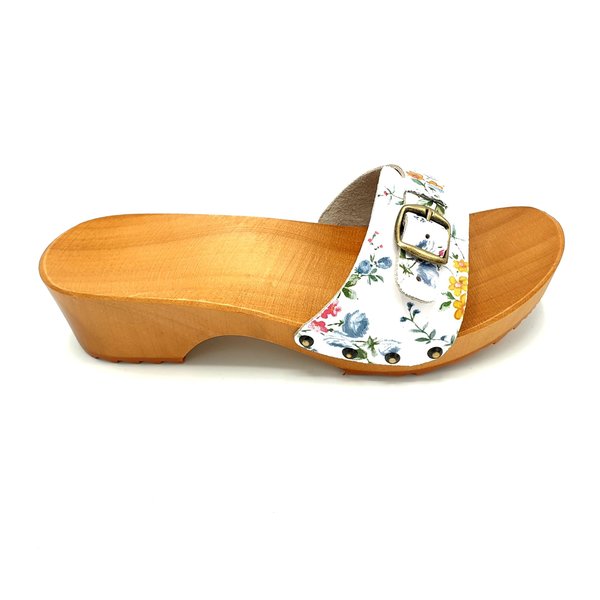DINA Holzsandalen mit Blumenmuster und Schnalle