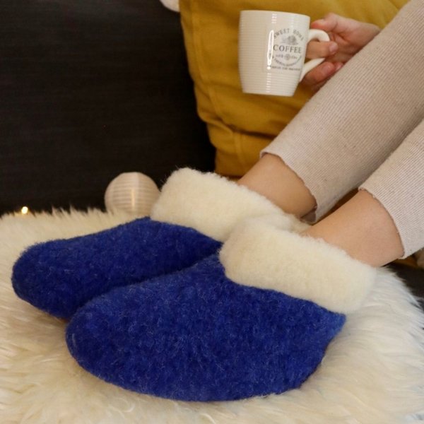 DINA  Warm Wool Slippers with White Collar – Blue up to Size 46