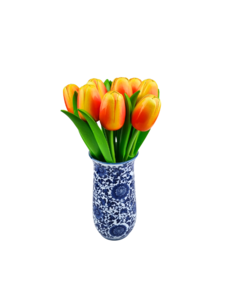 TRAA Delfter blaue Vase mit orangefarbenen Holztulpen (10 Stück)