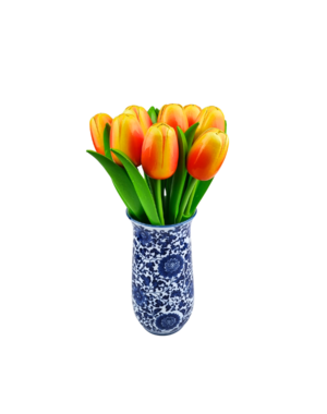 TRAA Delfter blaue Vase mit orangefarbenen Holztulpen (10 Stück)
