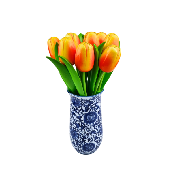 TRAA Delftsblauwe vaas met oranje houten tulpen (10stuks)