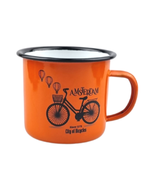 Enamel mug - orange bicycle with balloons