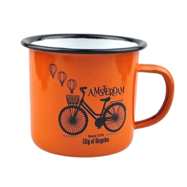 Enamel mug - orange bicycle with balloons