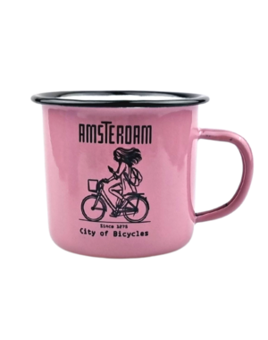  Emaille mok - roze meisje op de fiets