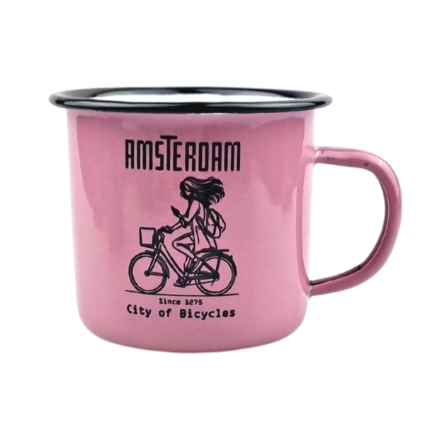 Enamel mug - pink girl on bicycle
