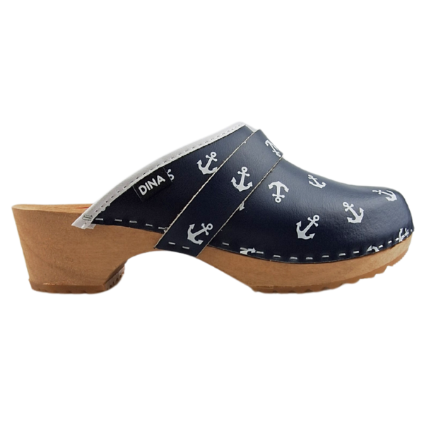 DINA Schwedische Holzschuhe – Blau mit weißen Schiffsankern