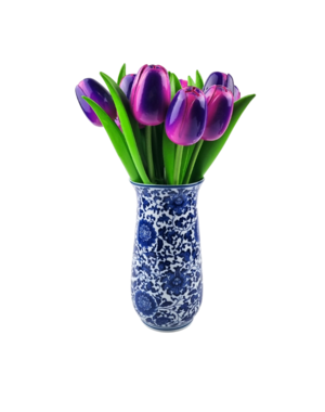 TRAA Delftsblauwe vaas met paarse houten tulpen (10stuks)