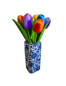 TRAA Delftsblauwe vaas vierkant met houten tulpen (9 stuks)