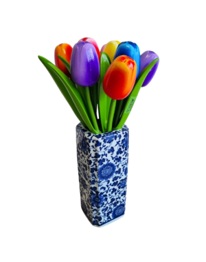 TRAA Delfter blaue quadratische Vase mit Holztulpen (9 Stück)
