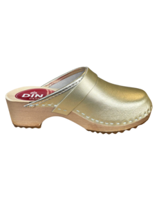 DINA Schwedische Holzschuhe – Gold mit echtem Leder