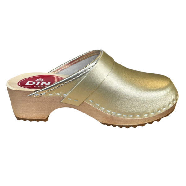DINA Schwedische Holzschuhe – Gold mit echtem Leder