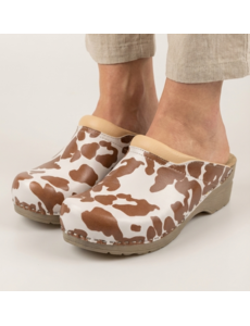 DINA Klompen met bruine koeienprint met beige zool - Dina