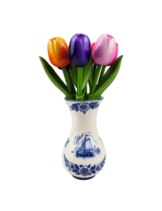 Wooden Tulips in Delft Blue Vase (±20–24 cm) – Dutch Mini Atmosphere
