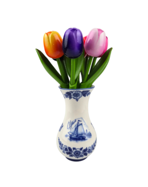  Holztulpen in Delfter blauer Vase (ca. 20–24 cm) – Holländische Miniatur-Atmosphäre