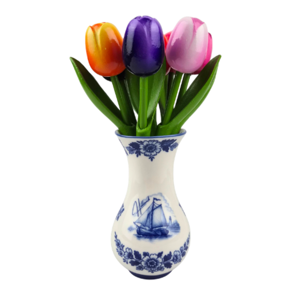 Holztulpen in Delfter blauer Vase (ca. 20–24 cm) – Holländische Miniatur-Atmosphäre