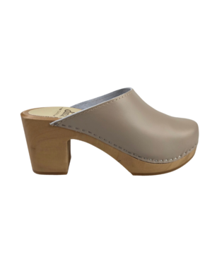 DINA Scandinavian Clog Heels – Taupe Leather & Wooden Heel