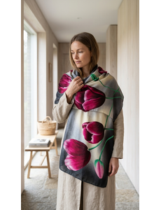  Tulpensjaal Grijs met roze/rode tulpen