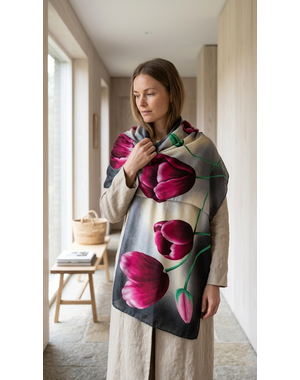  Tulpensjaal Grijs met roze/rode tulpen