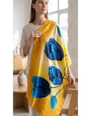  Oranger Tulpenschal mit blauen Tulpen