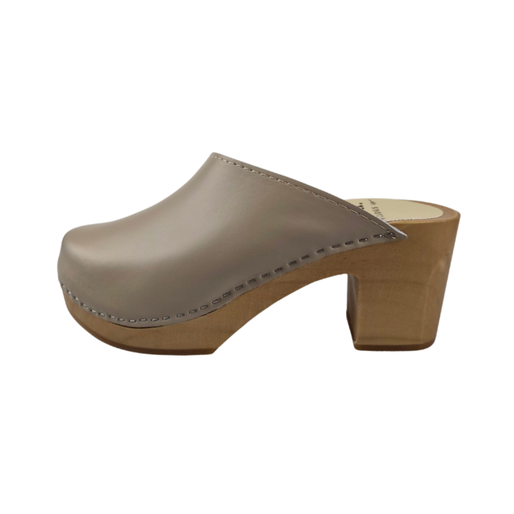 DINA Scandinavian Clog Heels – Taupe Leather & Wooden Heel