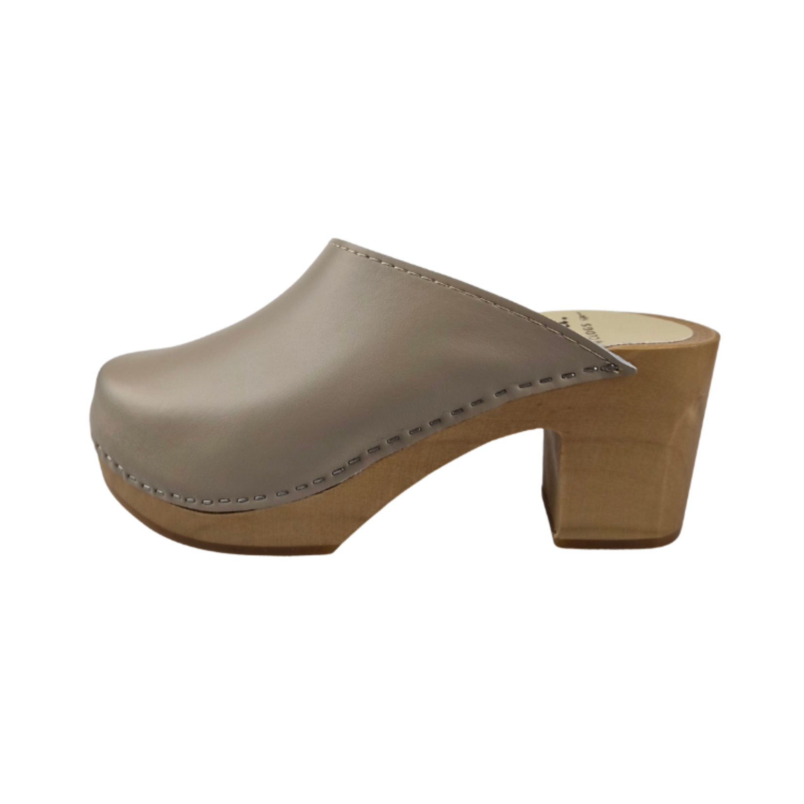 DINA Scandinavische Clog Heels – Taupe Leder & Houten Hak
