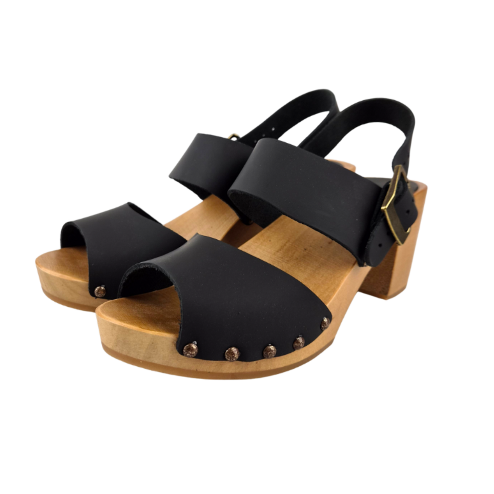 DINA Black Wooden Heels with Heel Strap