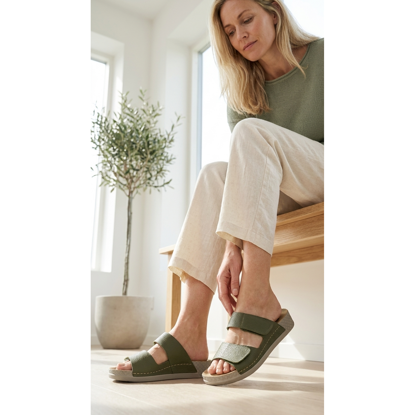 Leon Footwear Sandalen olijfgroen - dubbele band - materiaal: Leer & Polyurethaan