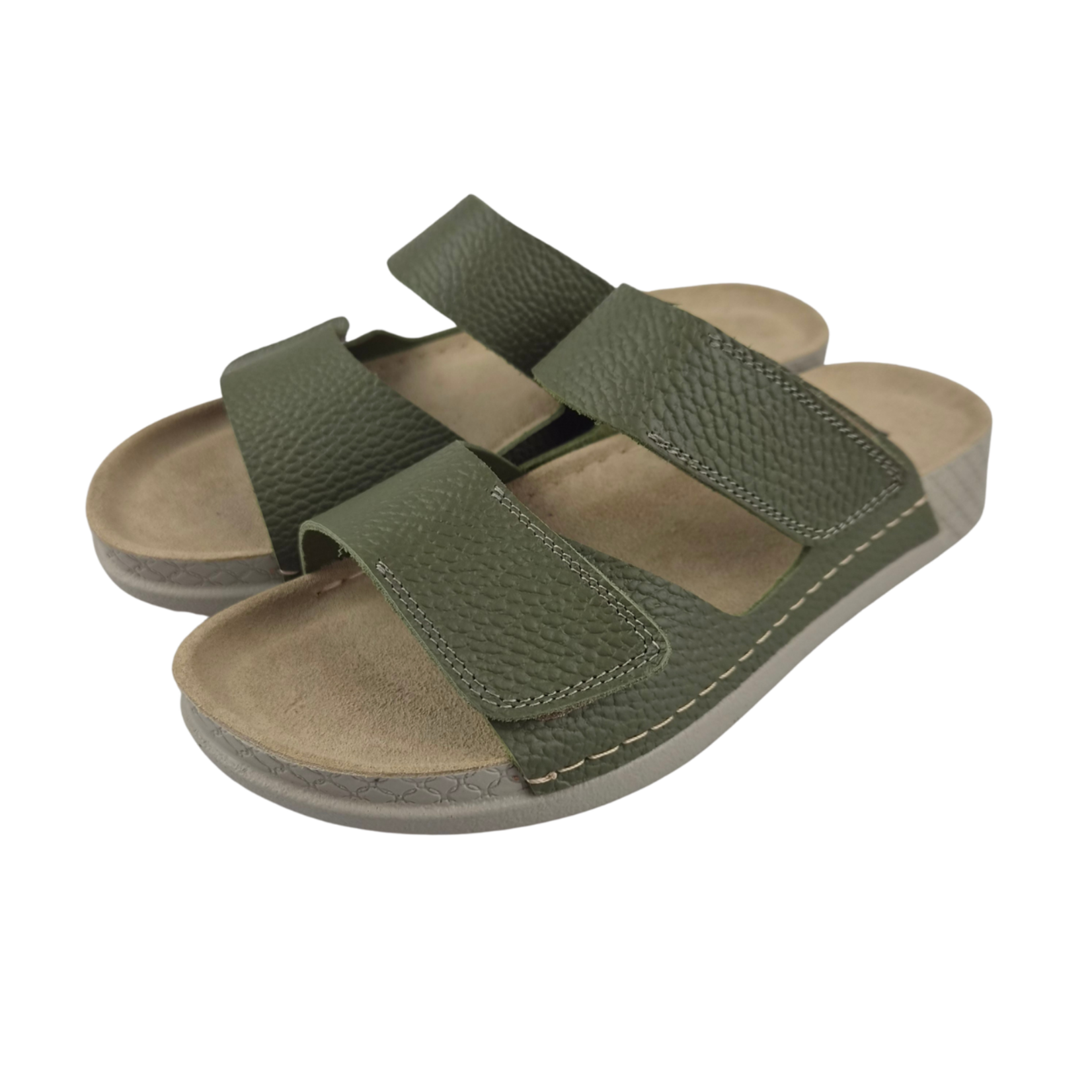 Leon Footwear Sandalen olijfgroen - dubbele band - materiaal: Leer & Polyurethaan