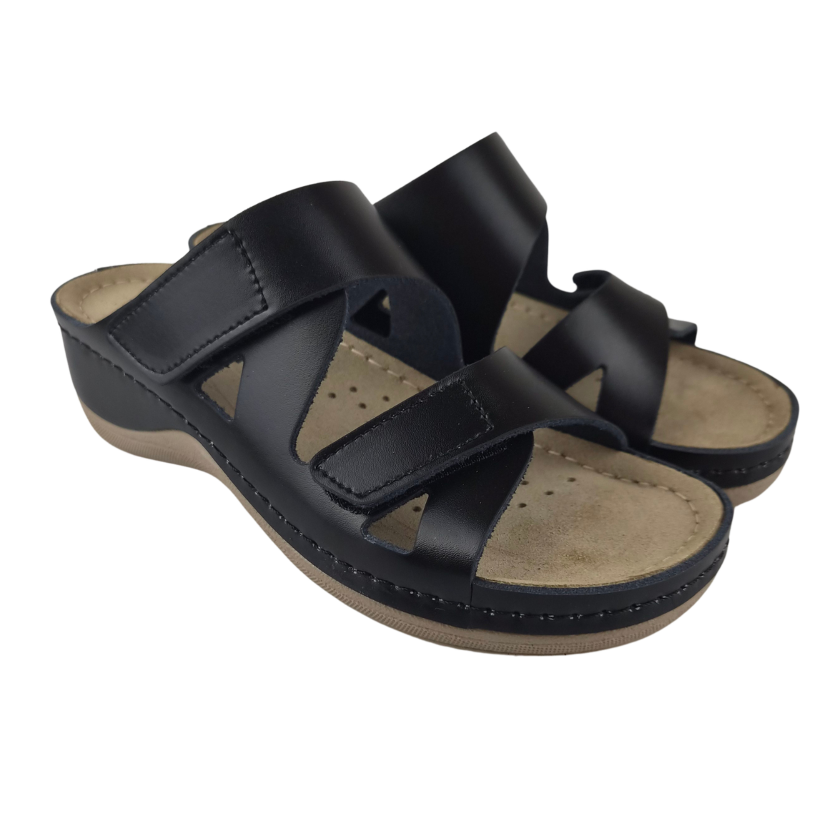 Leon Footwear Laura sandals black - double strap - material: Leather & Polyurethane
