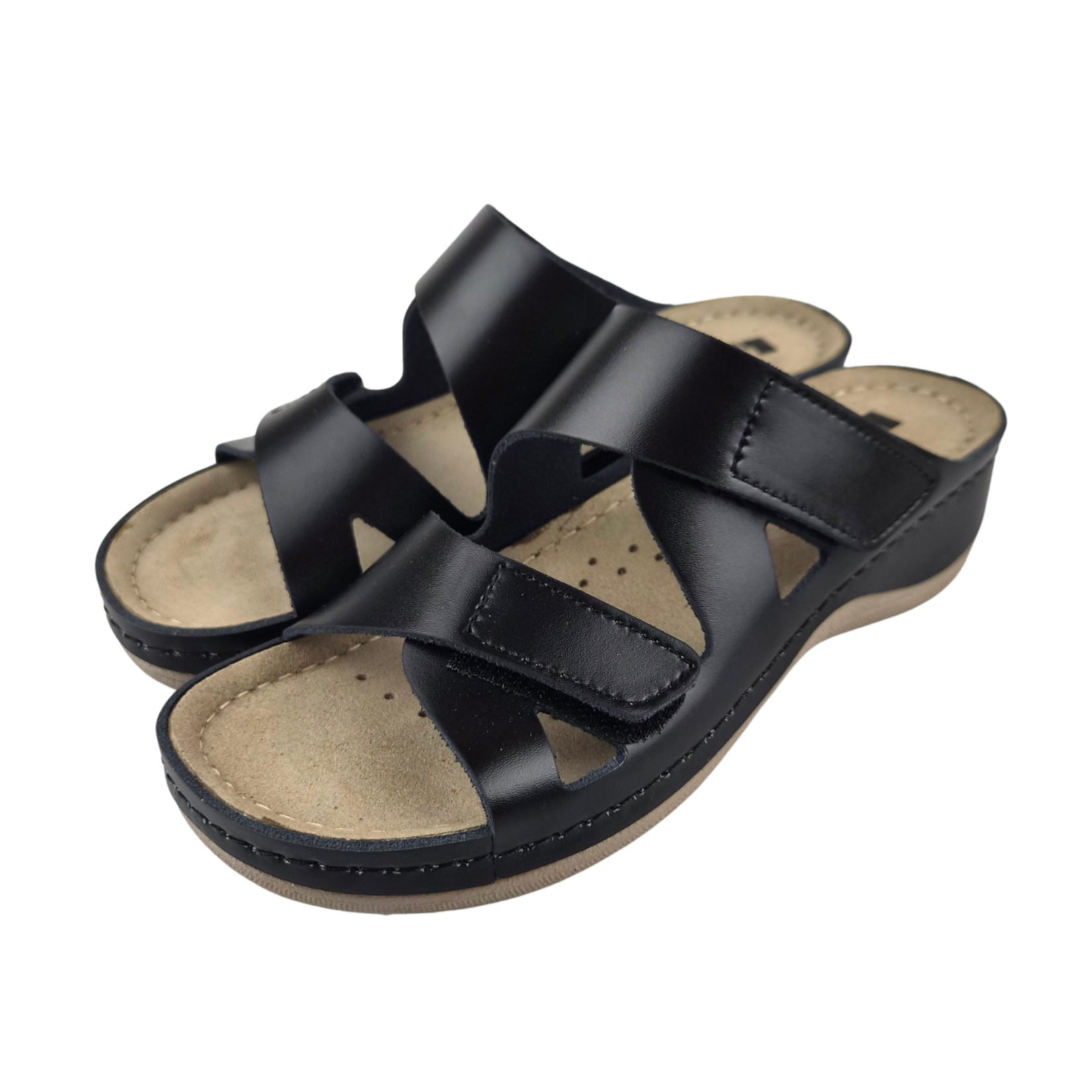 Leon Footwear Sandalen Laura zwart - dubbele band - materiaal: Leer & Polyurethaan
