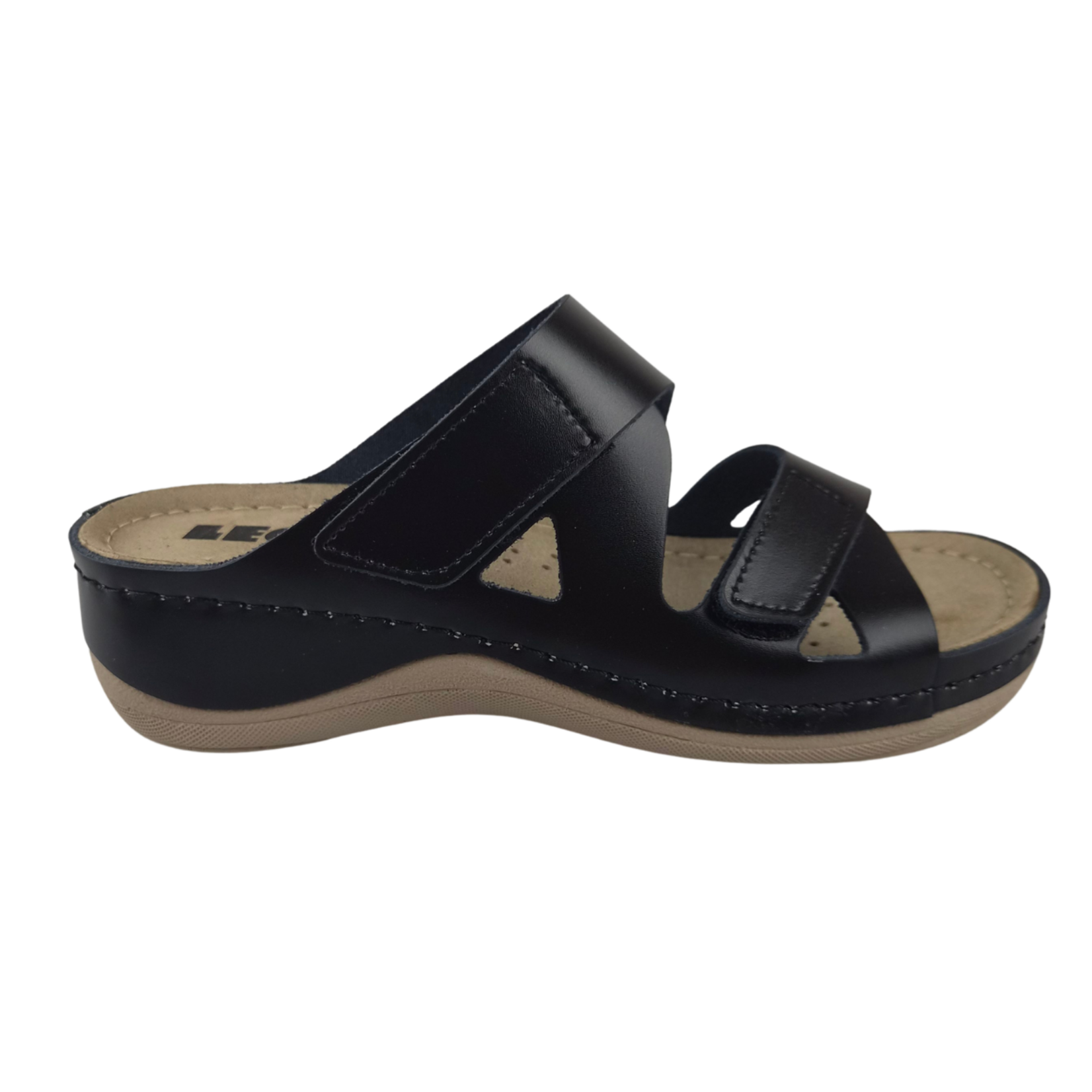 Leon Footwear Sandalen Laura zwart - dubbele band - materiaal: Leer & Polyurethaan