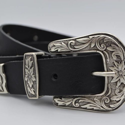3cm zwarte western stud riem met oud zilveren gesp 