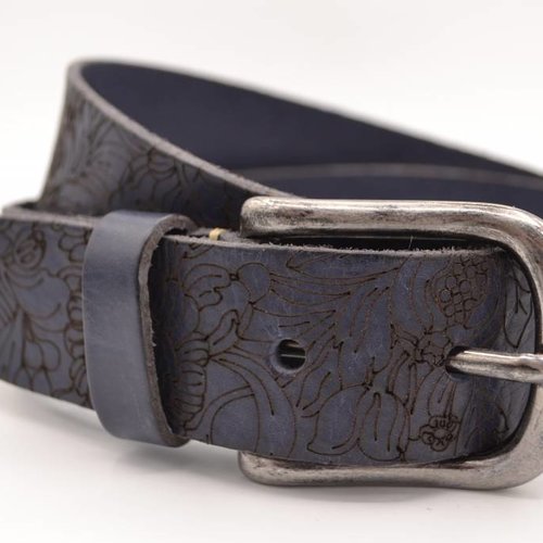 blauwe bloemlaser echt lederen riem 